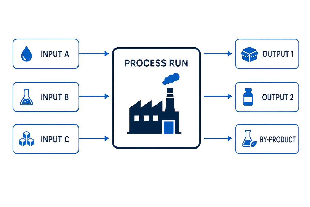 Process transaction: multiple inputs consumed in one process run producing multiple outputs and a by-product