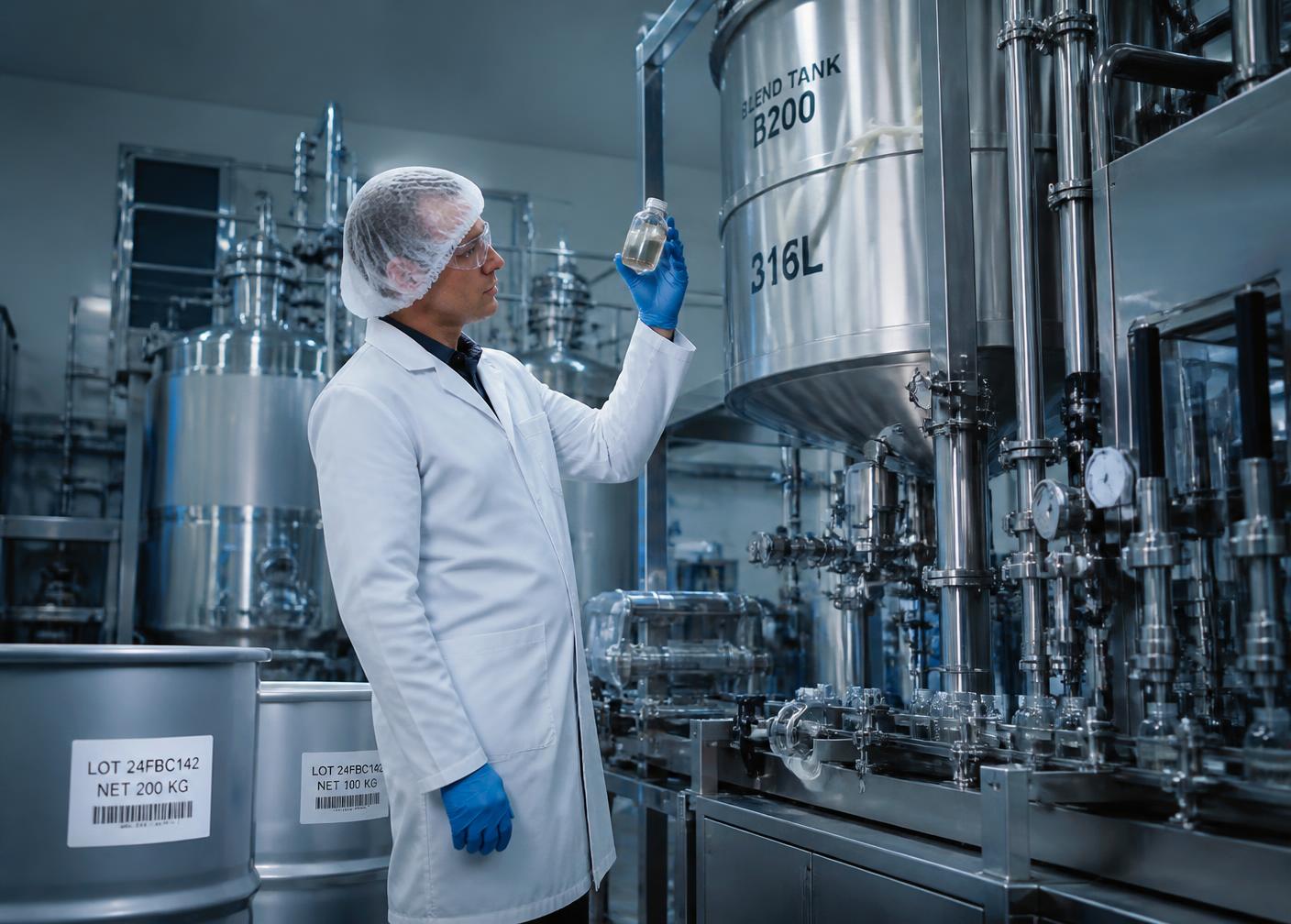 Technician checking a batch sample beside stainless blending tanks and lot-labelled drums